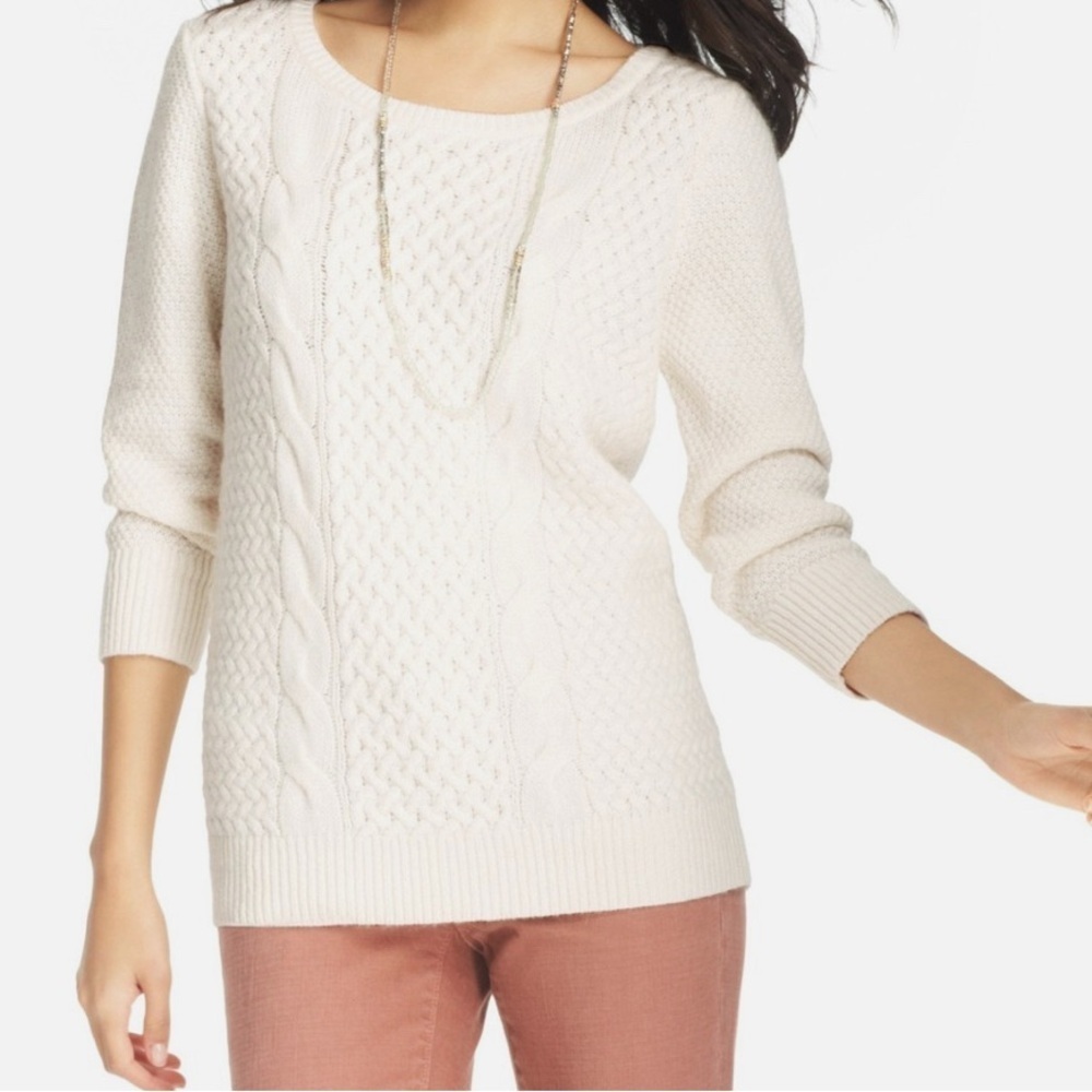 LOFT Ann Taylor Sweater Cable Knit White Cottage Wool Cotton Rabbit Hair